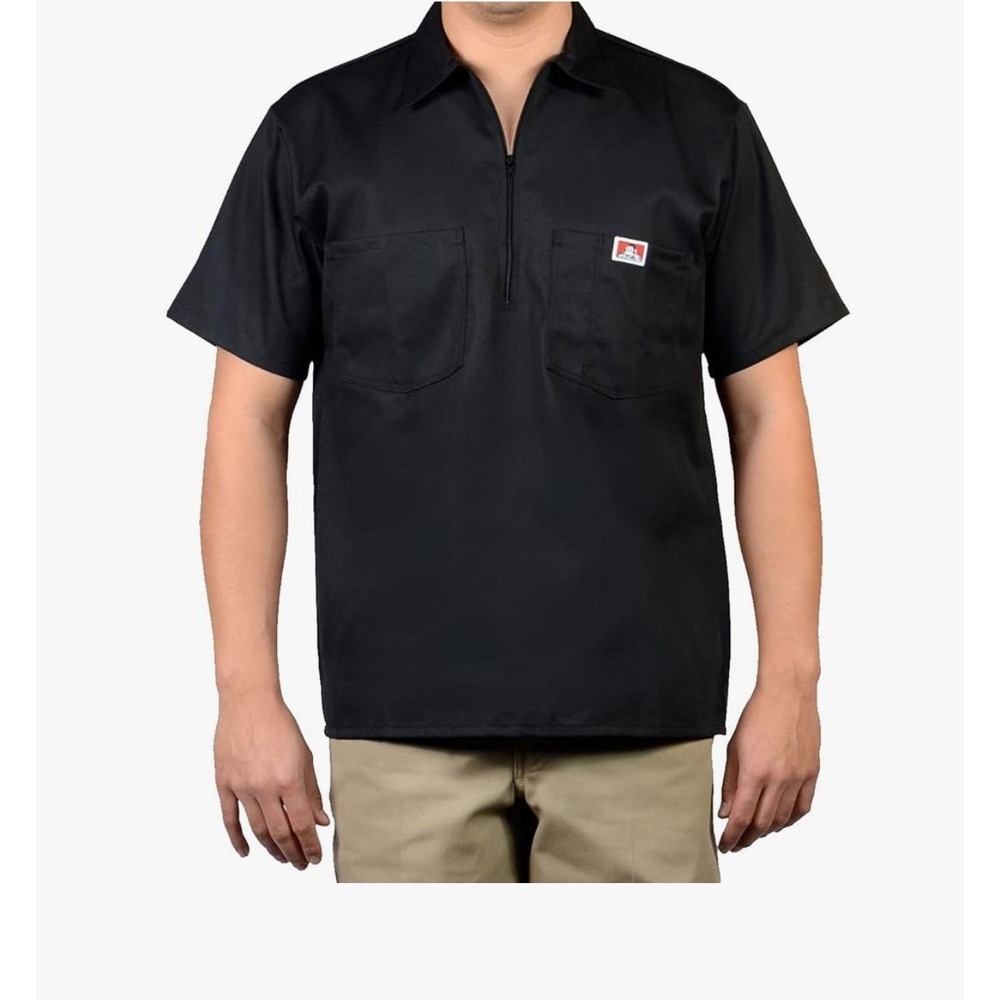 Ben Davis Black Work Shirt‎ Mens L Short Sleeve 1/2 Zip Front Pockets USA
